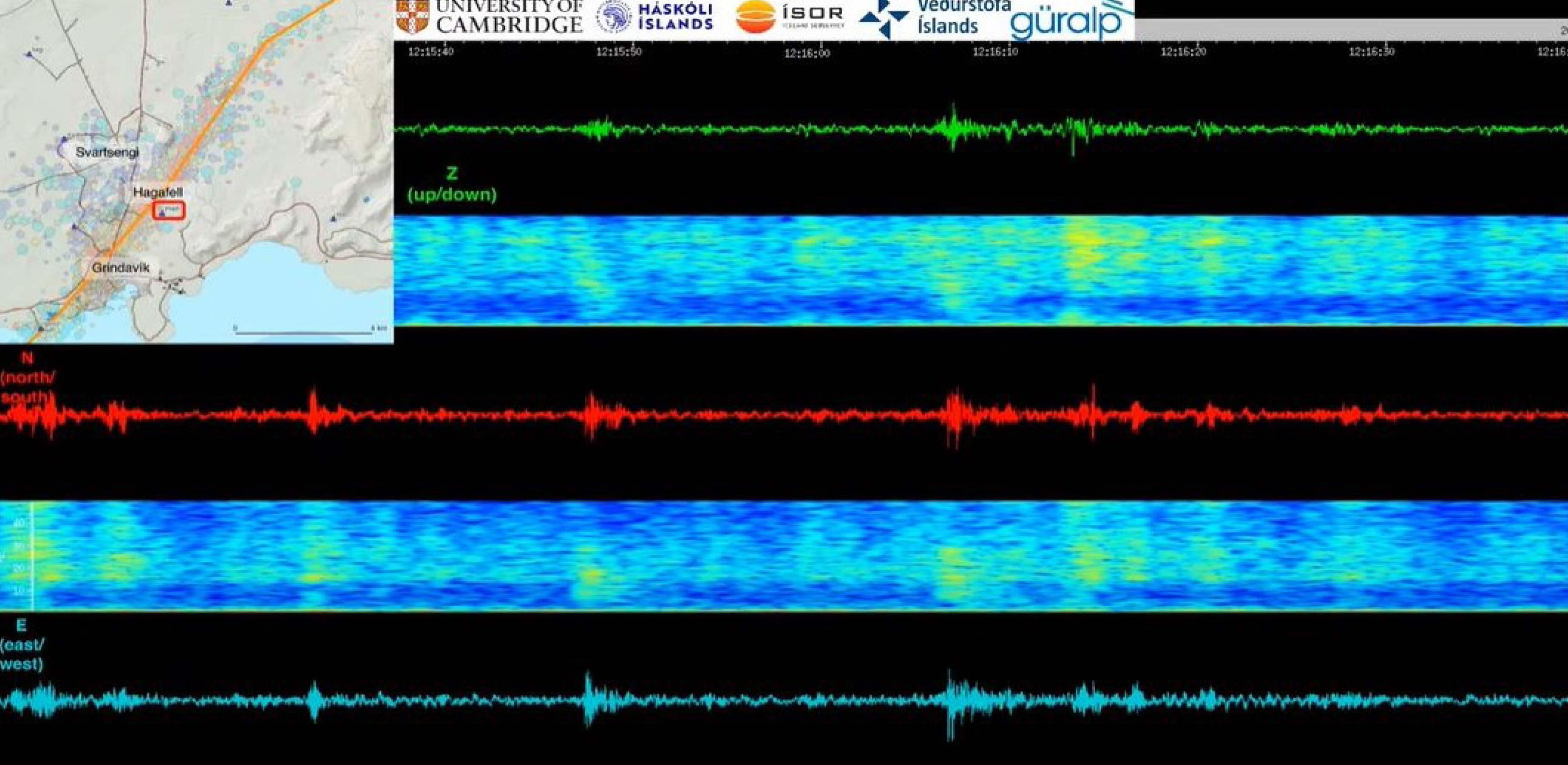 Live stream seismic data, showing three time series, at the top a green line and beneath red and blue lines. They have periodic wiggles showing seismic shaking.
