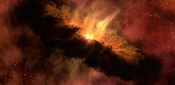 Nebula_spitzer_NASA_copyright Planet-Forming Disk Around a Baby Star - this artist's concept shows a young star surrounded by a dusty protoplanetary disk. Sized for second level page carousel.