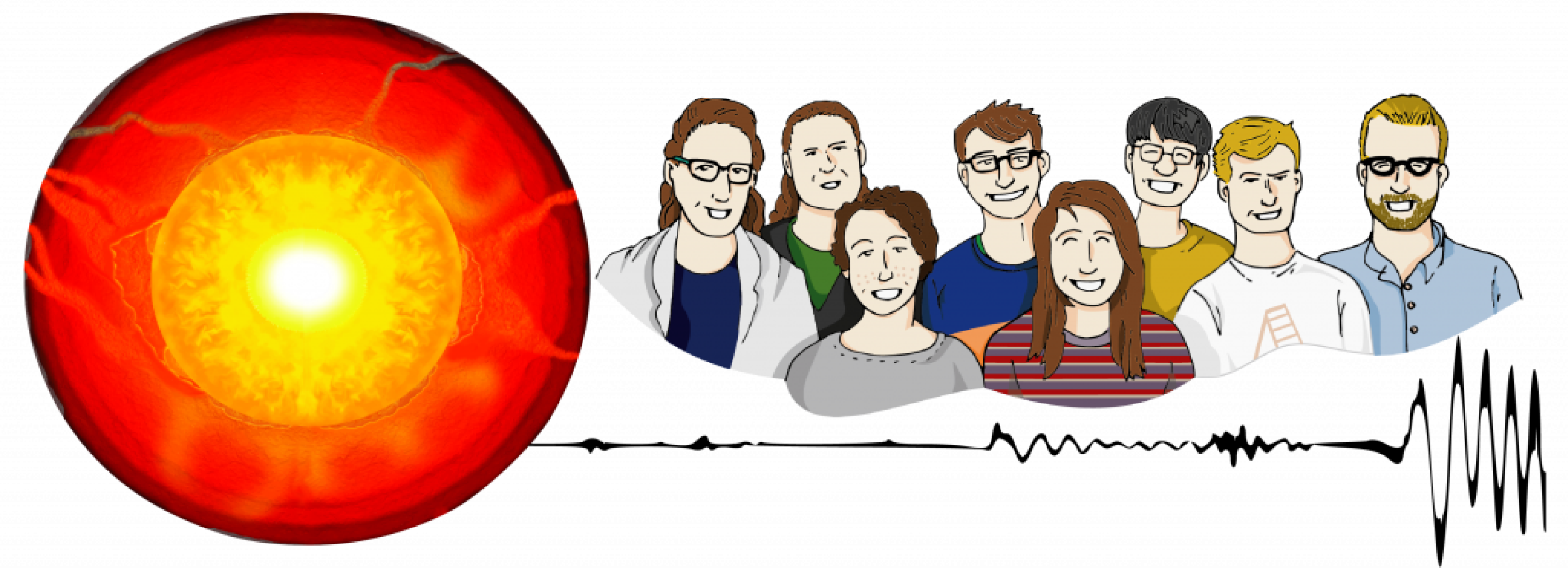 Illustration showing members of the Deep Earth Explorers research team alongside a schematic of the Earth's interior and a seismic wave