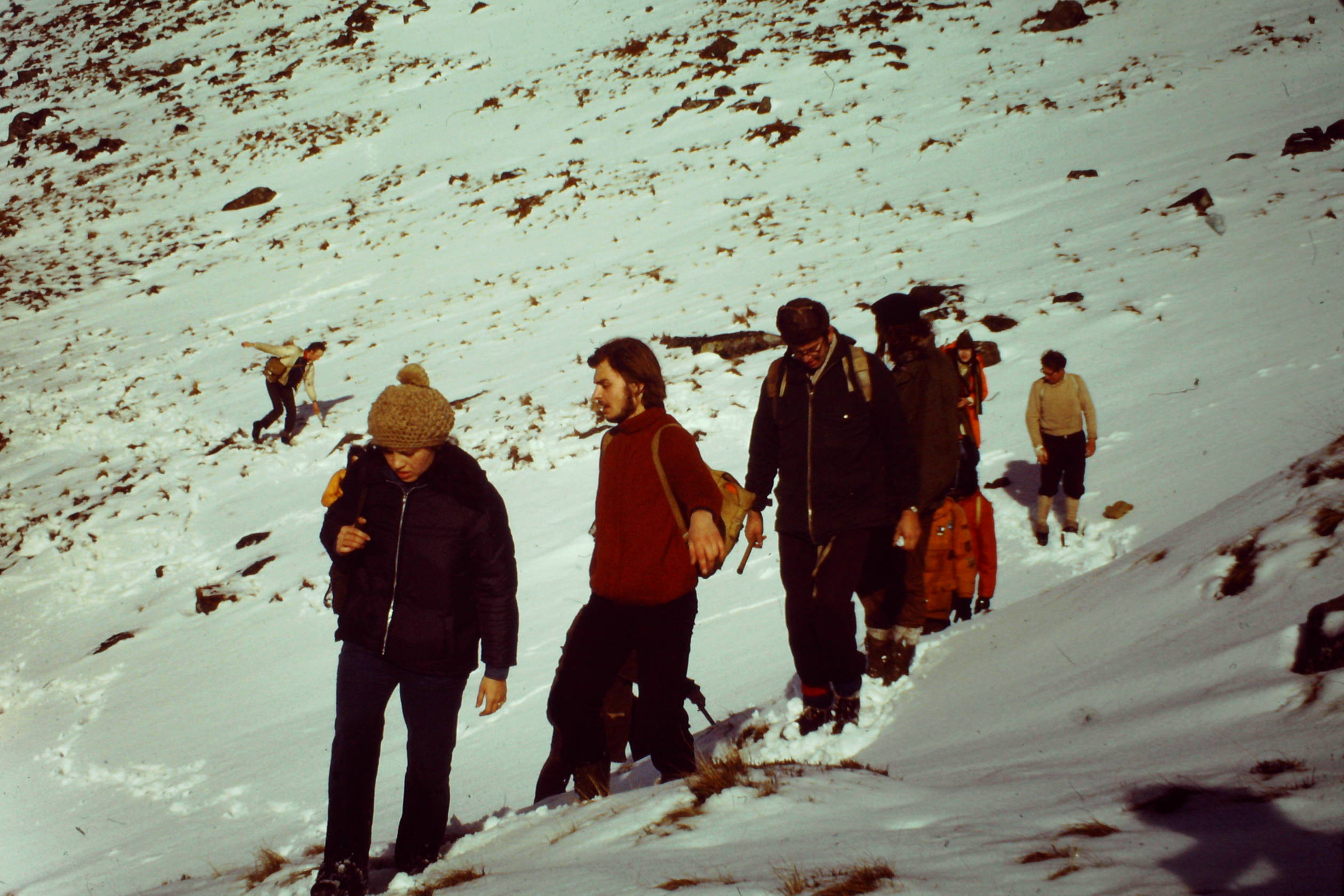From the Part II Scotland field trip at Easter 1974. Peter Friend is third in the line, Graham Chinner is far right.