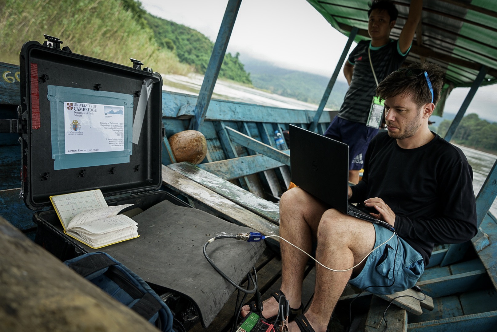 Image of Jotis measuring the flow of the Irrawaddy River