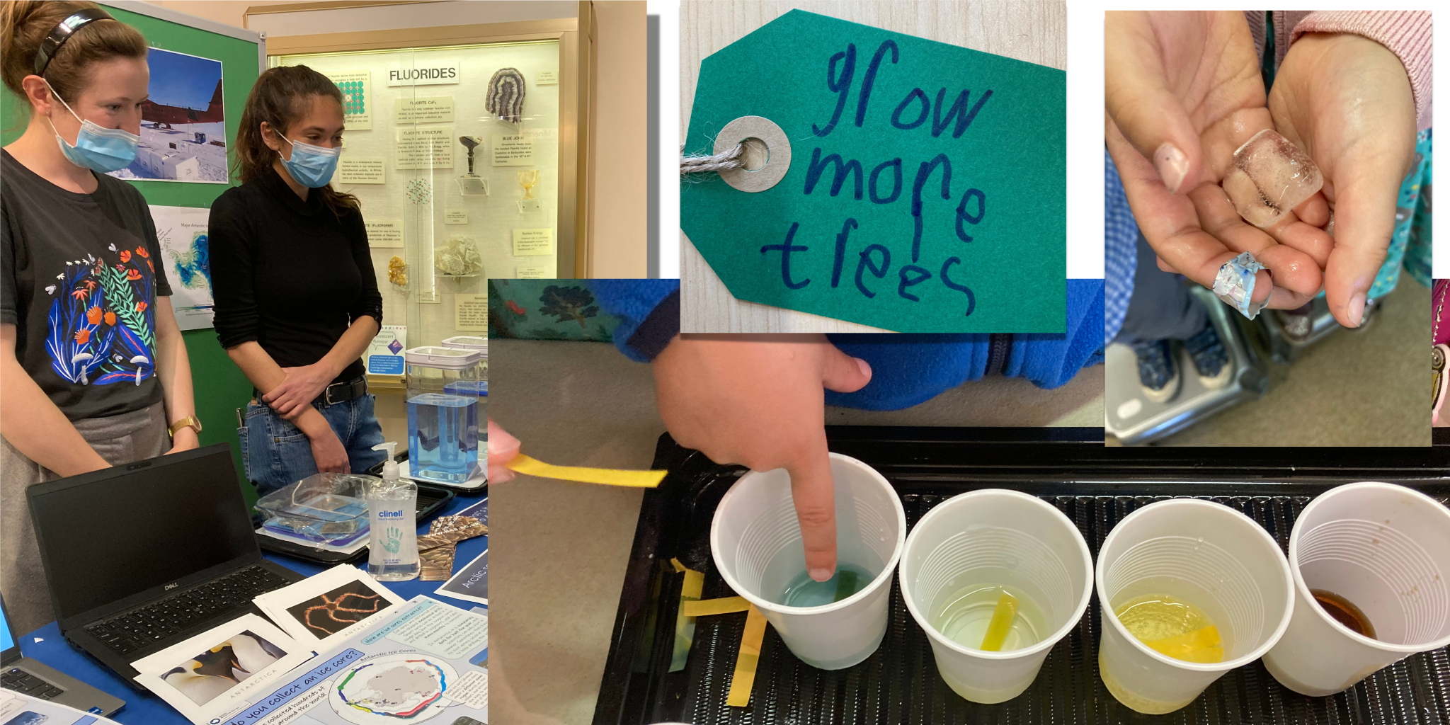Photos of women standing at ice core stand, child holding ice, testing pH in beakers & label drawn by child saying 'grow more trees'