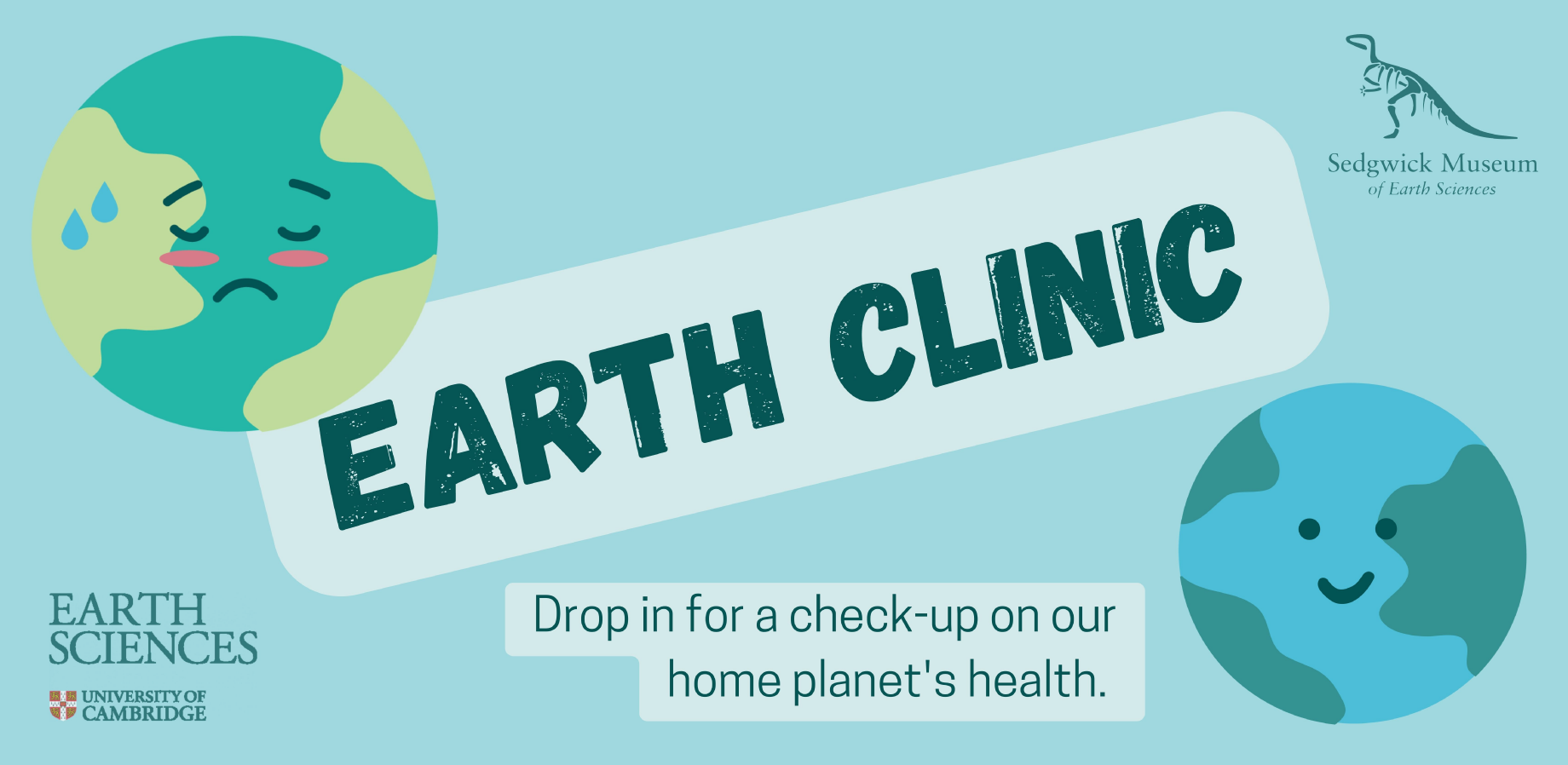 Graphic showing the Earth Clinic logo: one happy, one sad Earth