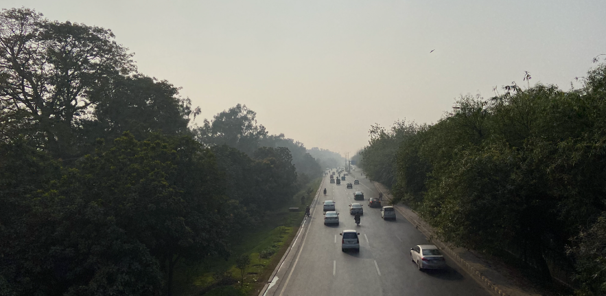 Image of a busy road in Lahore, surrounded on either side by trees and with a smoggy sky blocking out the sun
