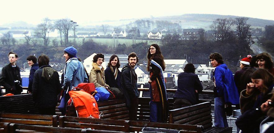 A photograph of first year students travelling to Arran by ferry in 1977