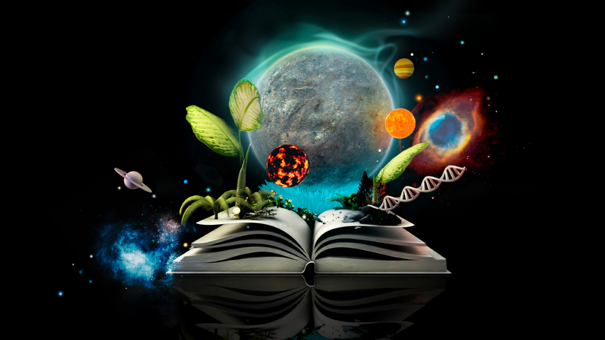 Illustration showing an open book with planets and plants sprouting out of it. In the background is a larger planet and galaxy
